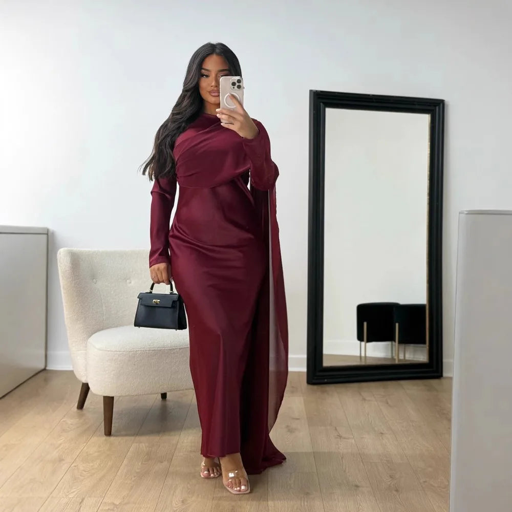 Elegant Satin Chiffon Evening Dress – Slim Fit Muslim Gown for Women in Dubai & Turkey