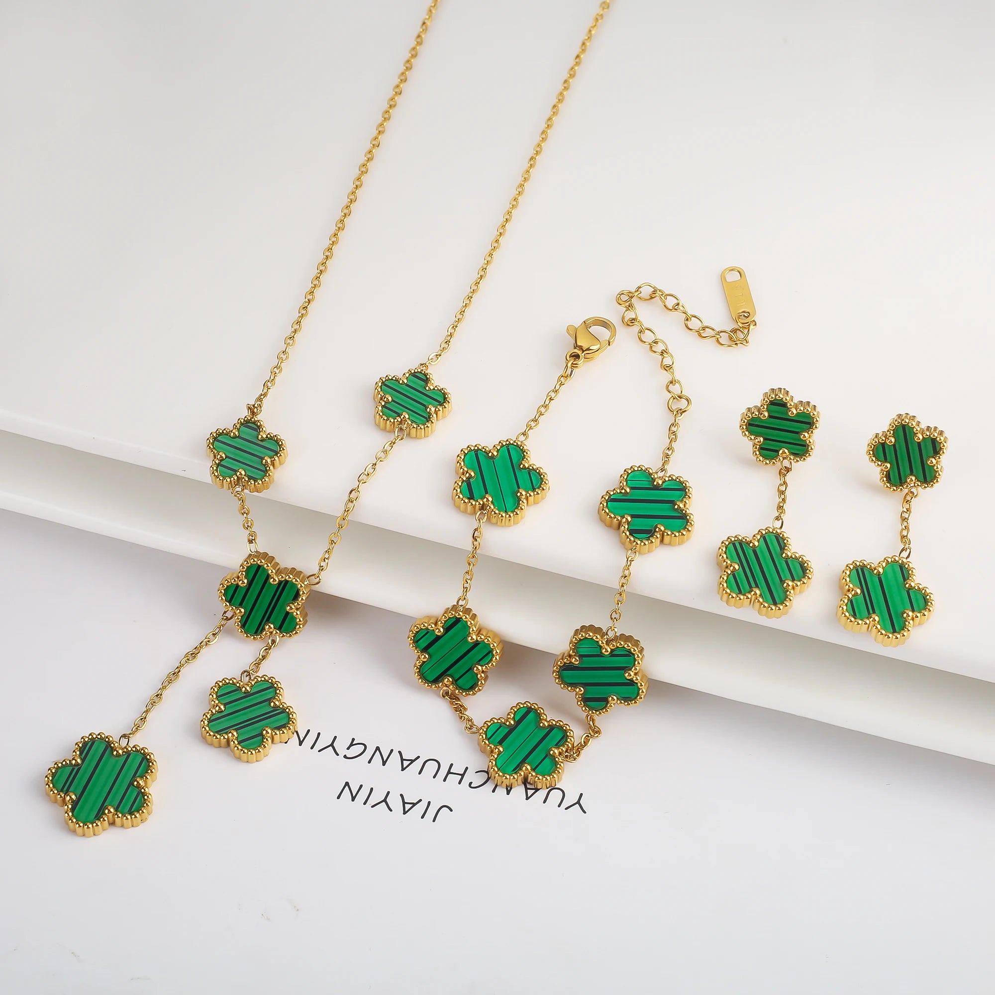 Clover Five Leaf Flower Stainless Steel Jewelry Set
Luxury Bracelet, Necklace & Earrings for Women