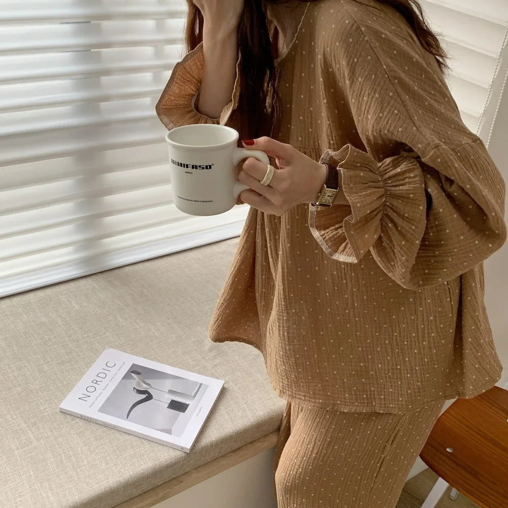 Ladies’ Korean-Style Long Sleeve & Pants Pajama Set – Loose Homewear