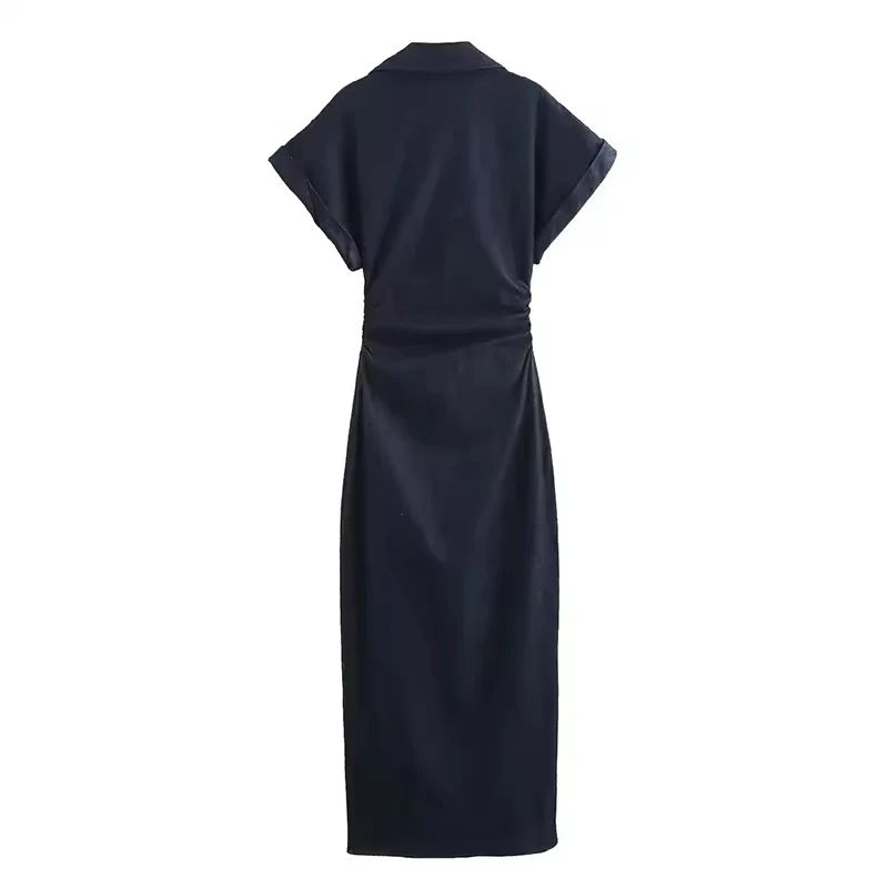 Women's Denim Ruched Midi Dress – Spring/Summer 2025 Casual Streetwear