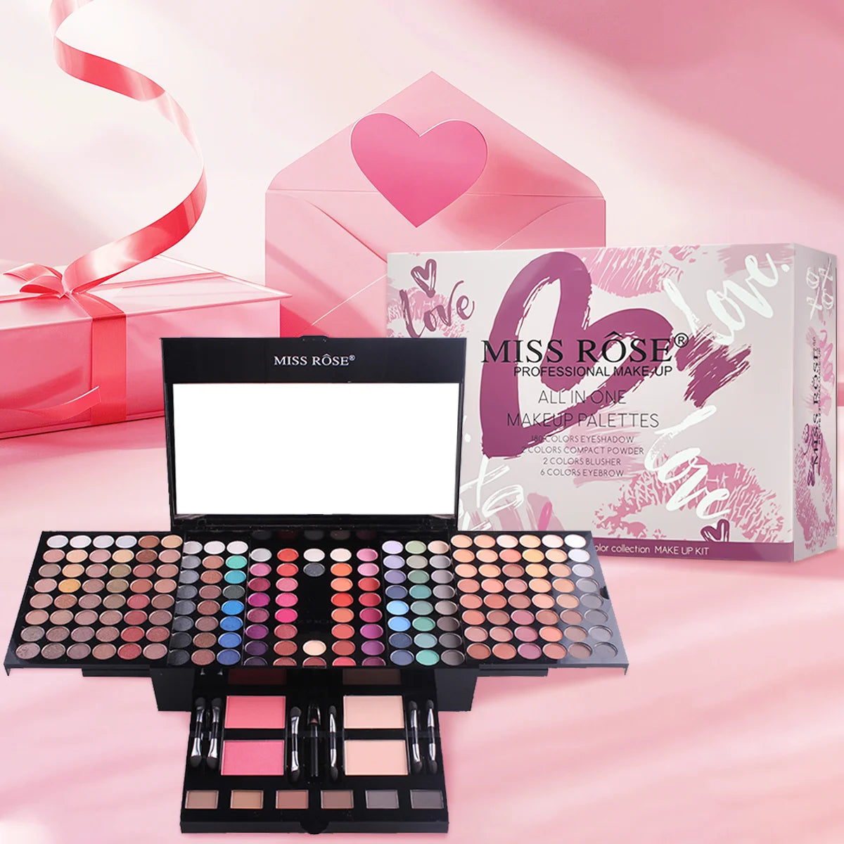 142-Color Makeup Set – Eyeshadow, 3 Blush & 3 Eyebrow Powders, Professional Use