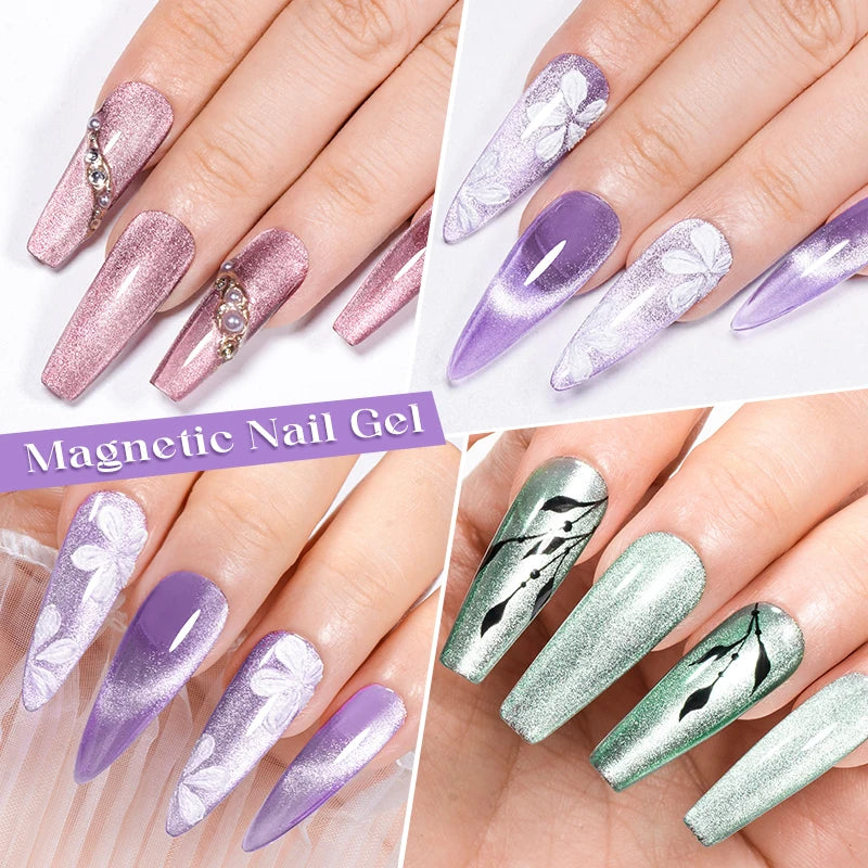 MEET ACROSS 7PCS Cat Magnetic Gel Nail Kit – Semi-Transparent Blue, Sparkling, UV Soak-Off