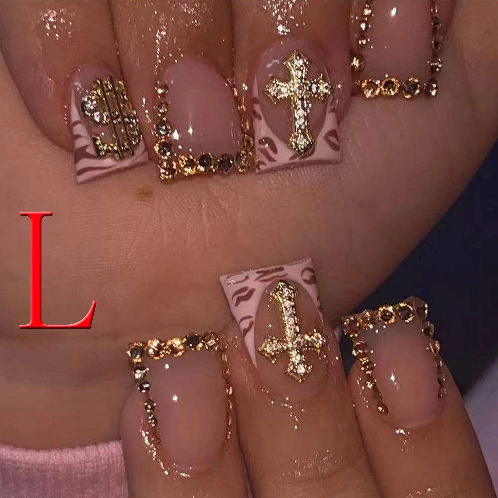 10PCS Y2K French Fake Nails – Short Square, Pointed, Gold Rhinestone & Leopard Print, Acrylic