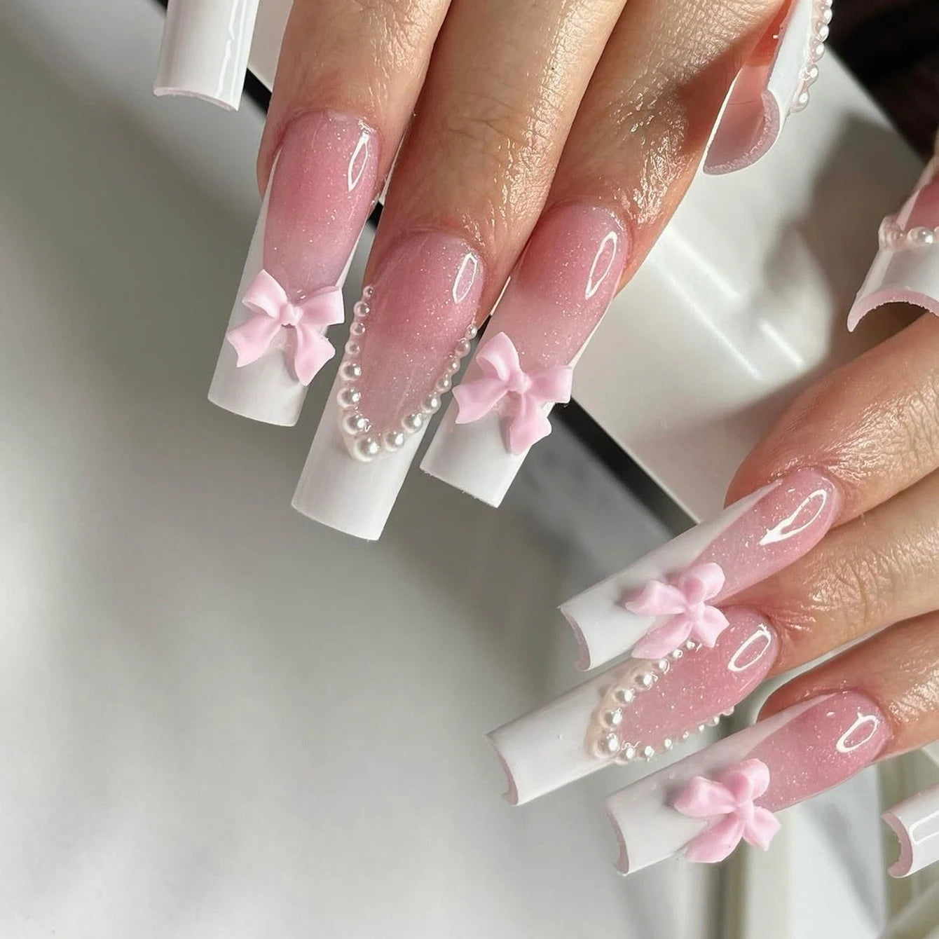 ARTAUG 24PCS Press-On Nails – Medium Stiletto, Pink Bowknot, French Trim, Full Cover