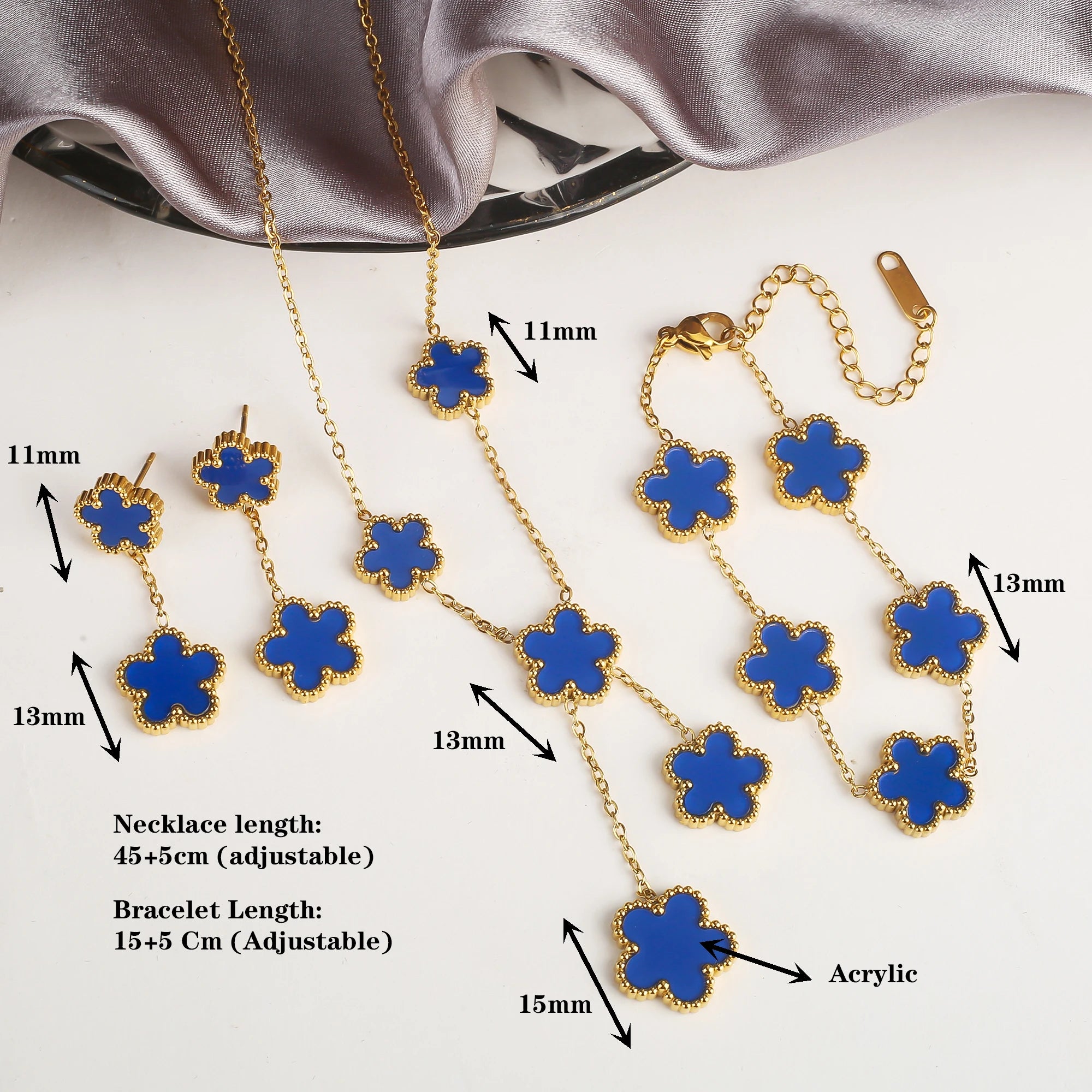 Clover Five Leaf Flower Stainless Steel Jewelry Set
Luxury Bracelet, Necklace & Earrings for Women