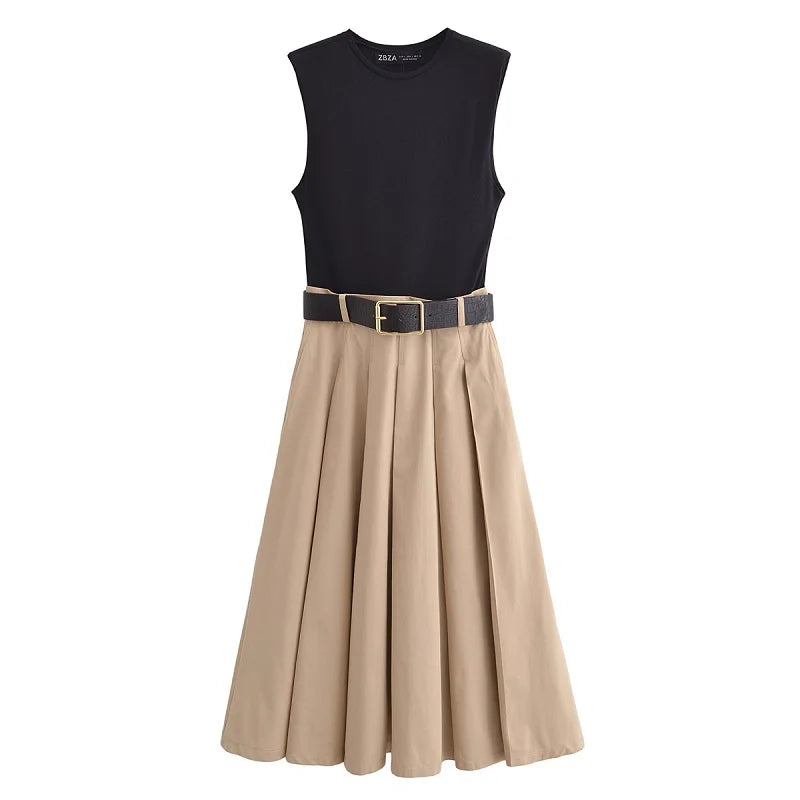Women’s Pleated Midi Dress – Sleeveless Knitted Summer Sundress with Belt