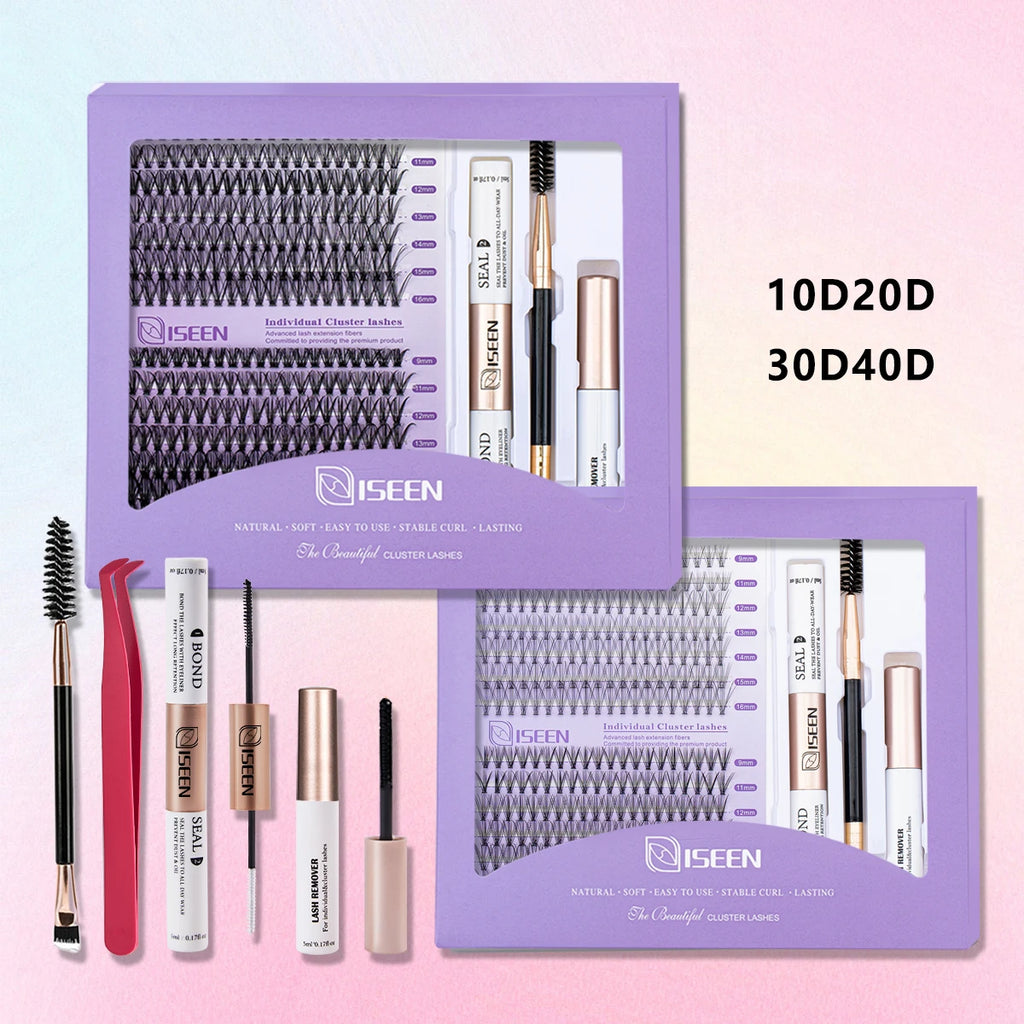 ISEEN DIY Lash Extension Kit – Mixed Styles, Clusters, Includes Bond & Seal, Tweezers & Brush