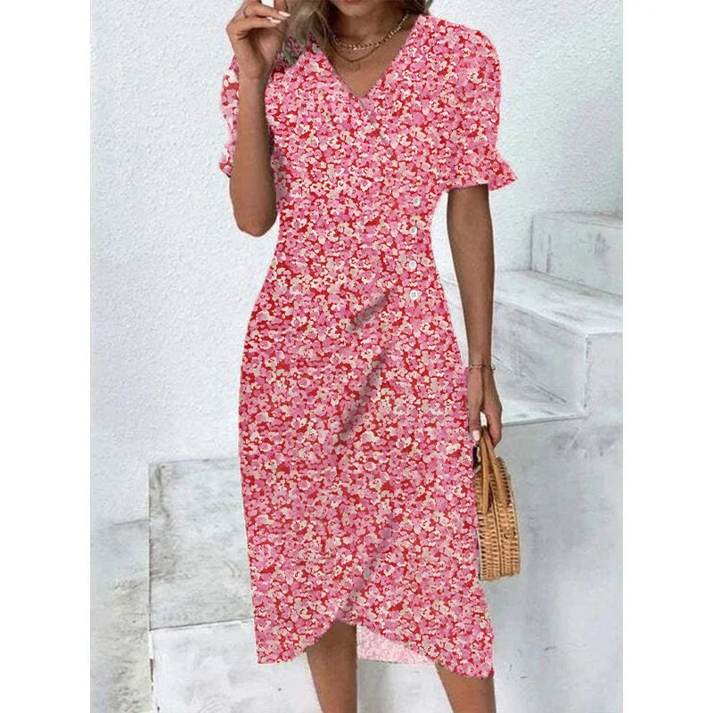 Floral Pleated Midi Dress with V-Neck & Puff Sleeves