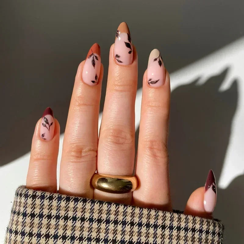 24pcs Matte Almond Press-On Nails with Rose Leaf Design