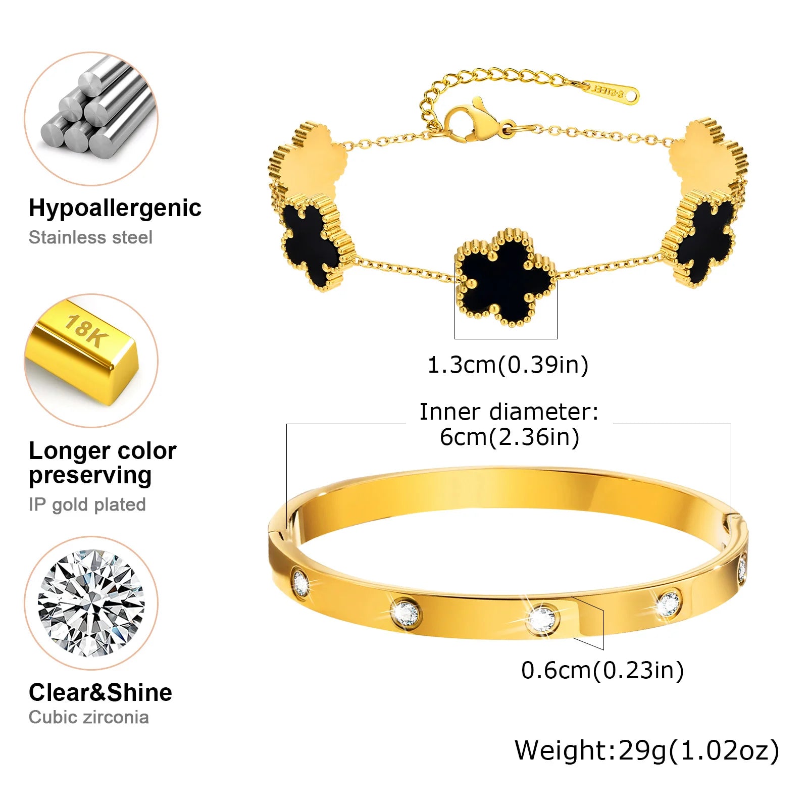 13mm Clover Stainless Steel Bracelet Set – Women’s Gift