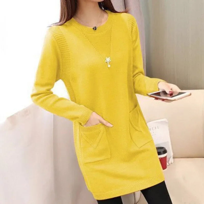 Pull Femme Tricot Mi-Long – Coupe Ample, Doublé Polaire, Style Coréen