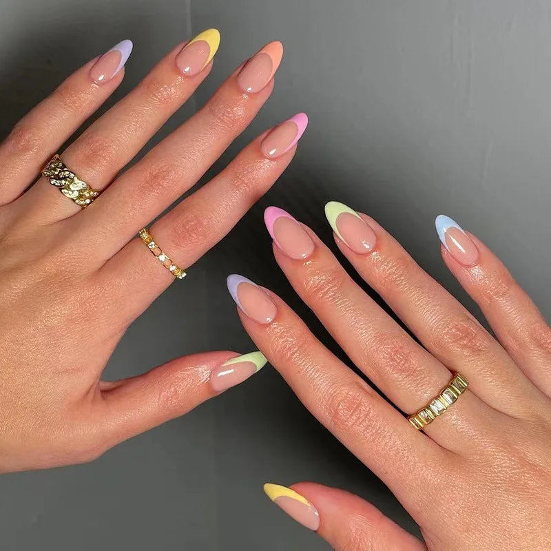 Medium Acrylic Almond Fake Nails – Removable Press-On, French Style, Europe/USA Design