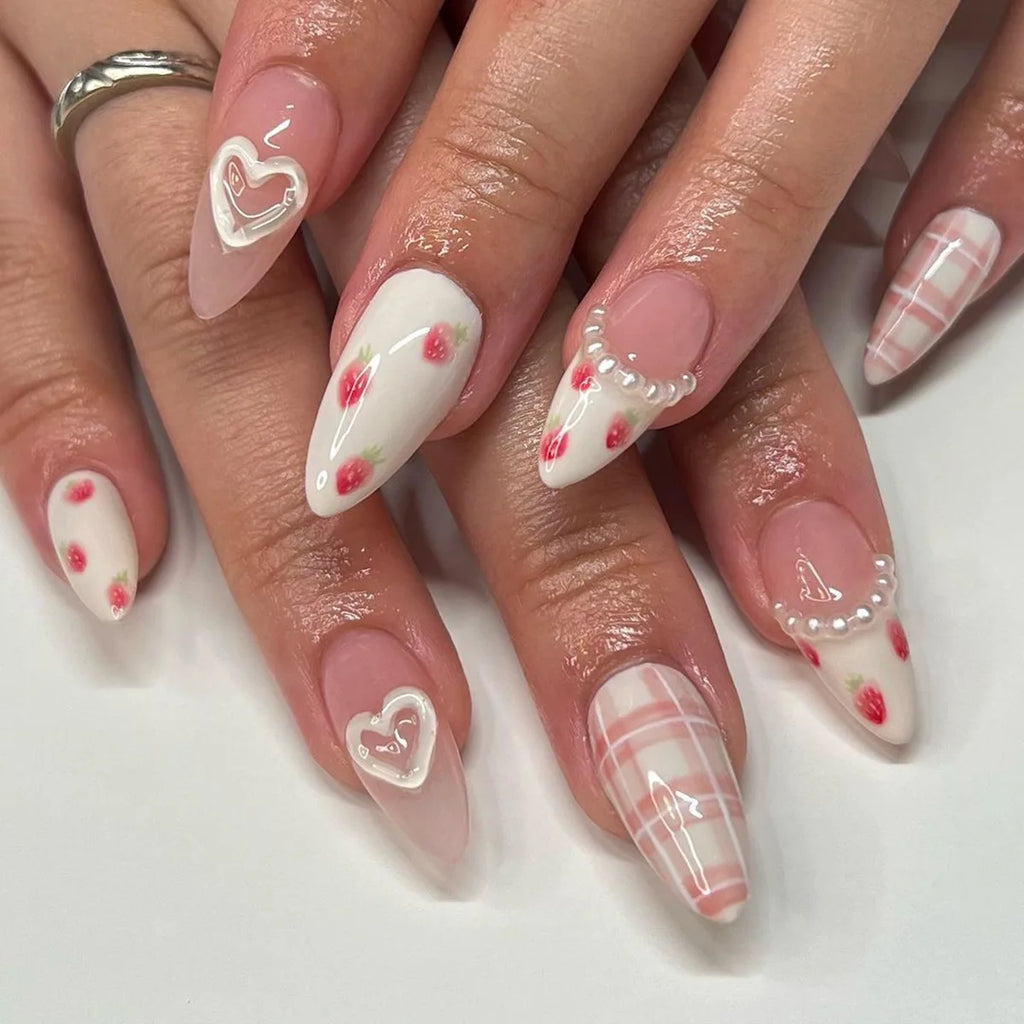 Medium Acrylic Almond Fake Nails – Removable Press-On, French Style, Europe/USA Design