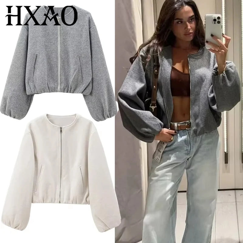 HXAO Veste Bomber Femme – Courte, Zippée, Fausses Laine, Automne/Hiver