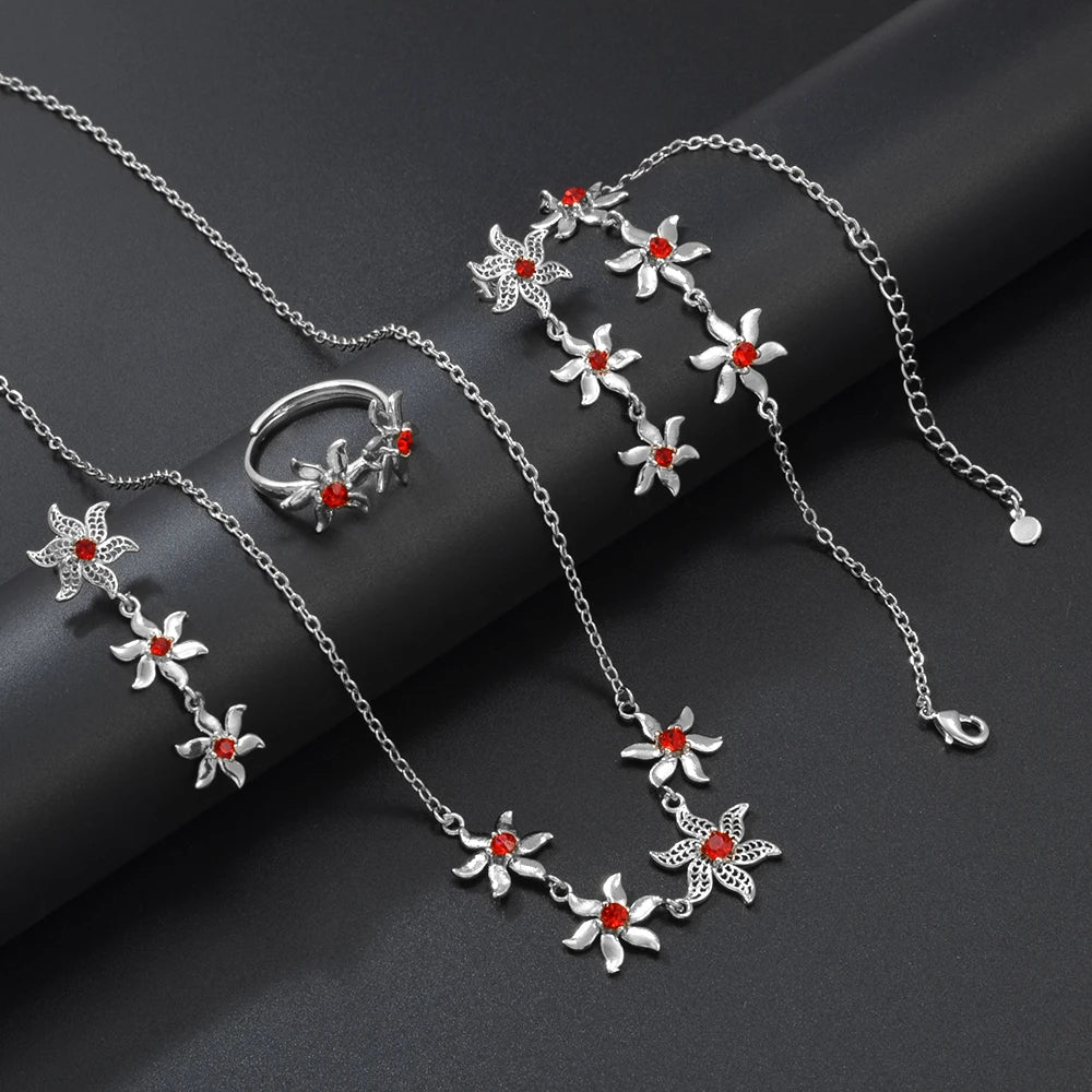 Anniyo African Flower Jewelry Set – Necklace, Earrings, Bracelet & Rings for Women
