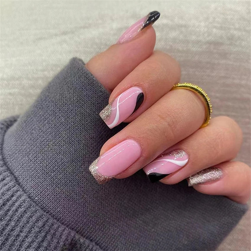 24pcs Wine Red Glitter Gradient Press-On Nails