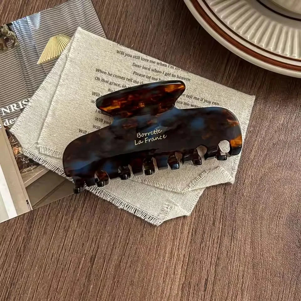 Vintage French Hair Clip – Two-Tone Wood & Marble Design