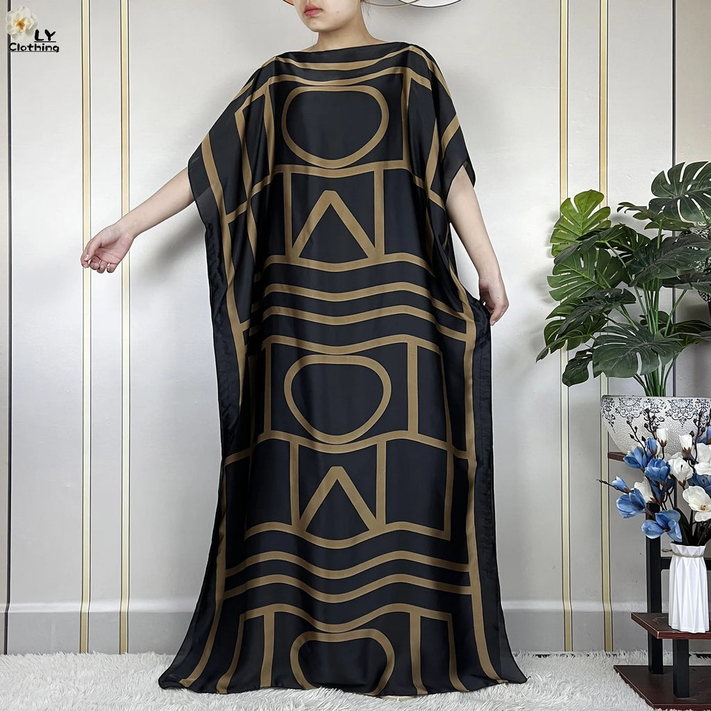 Dubai Printed Silk Maxi Dress with Turban – Loose Casual Islamic Fashion for Women