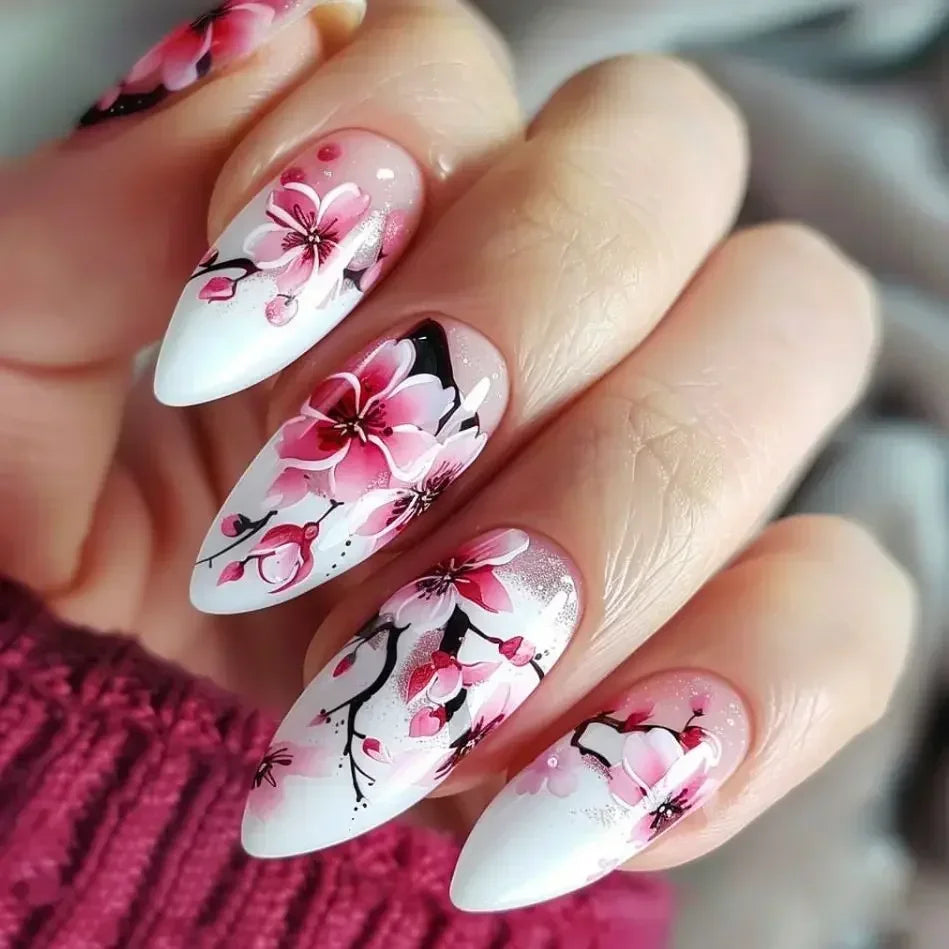 24pcs Matte Almond Press-On Nails with Rose Leaf Design