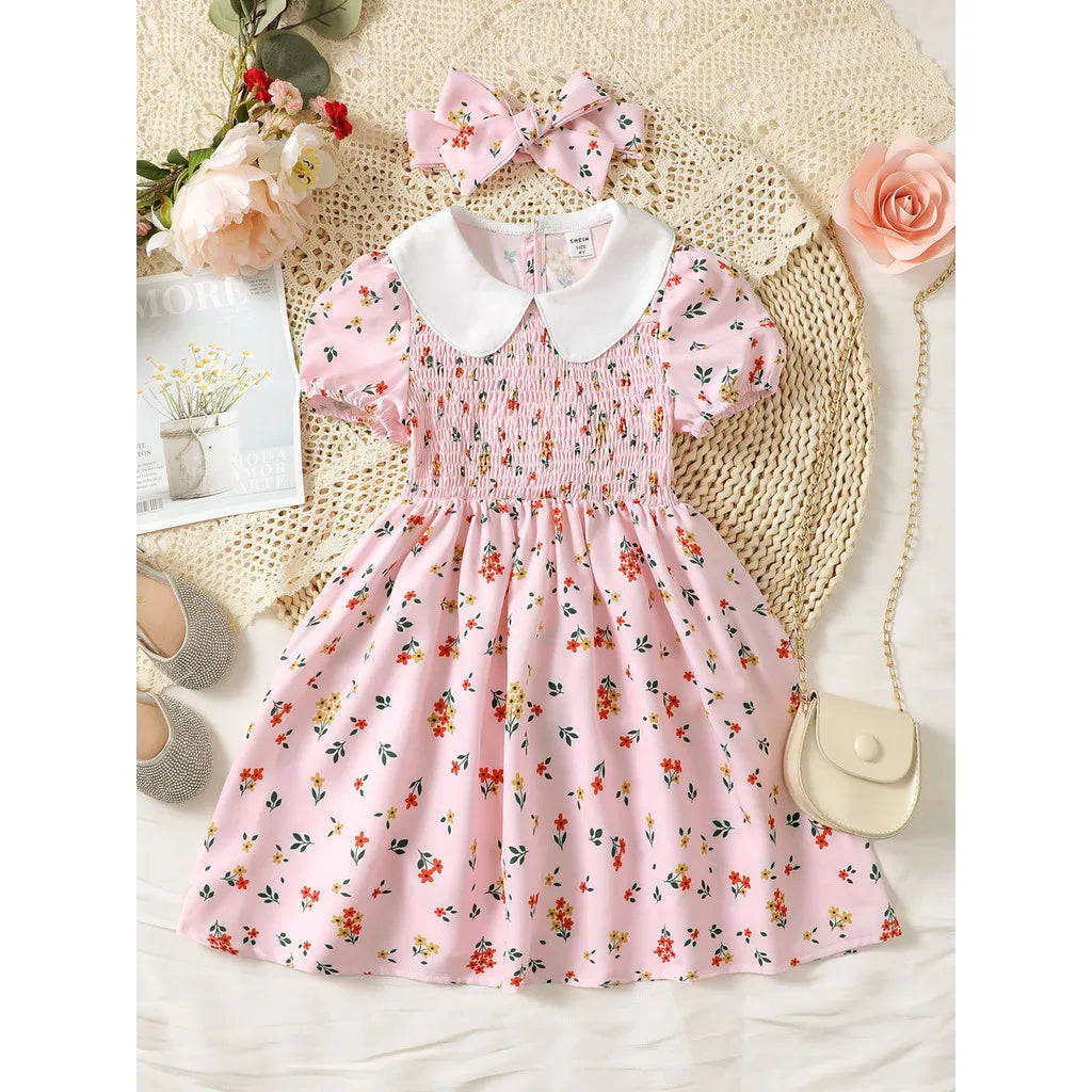 2PCS Girls Summer Dress – Peter Pan Collar, Short Sleeve, Floral, with Headband, Ages 4–7
