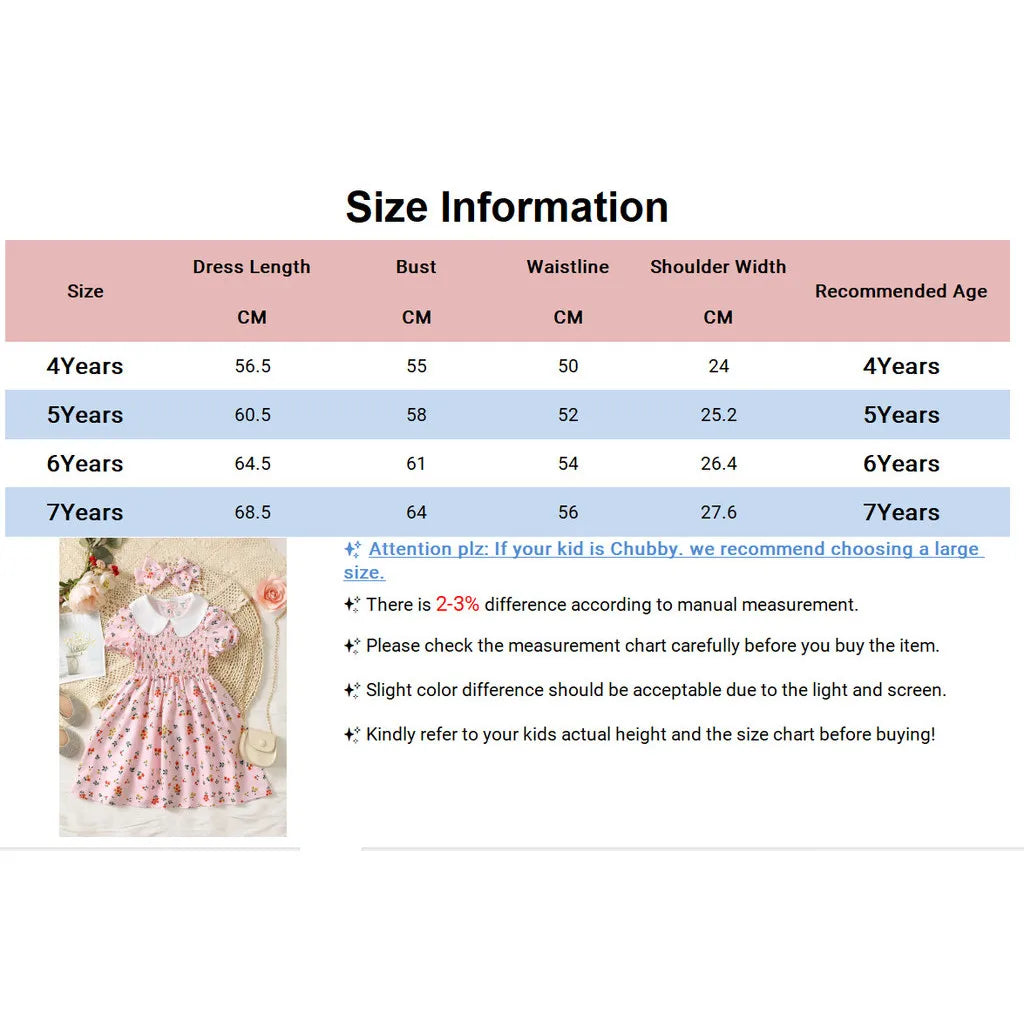 2PCS Girls Summer Dress – Peter Pan Collar, Short Sleeve, Floral, with Headband, Ages 4–7