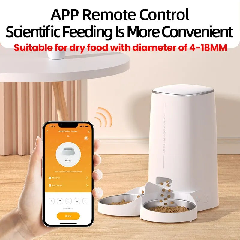 ROJECO Smart Automatic Cat Feeder – WiFi, Remote Control, Kibble Dispenser for Cats & Dogs