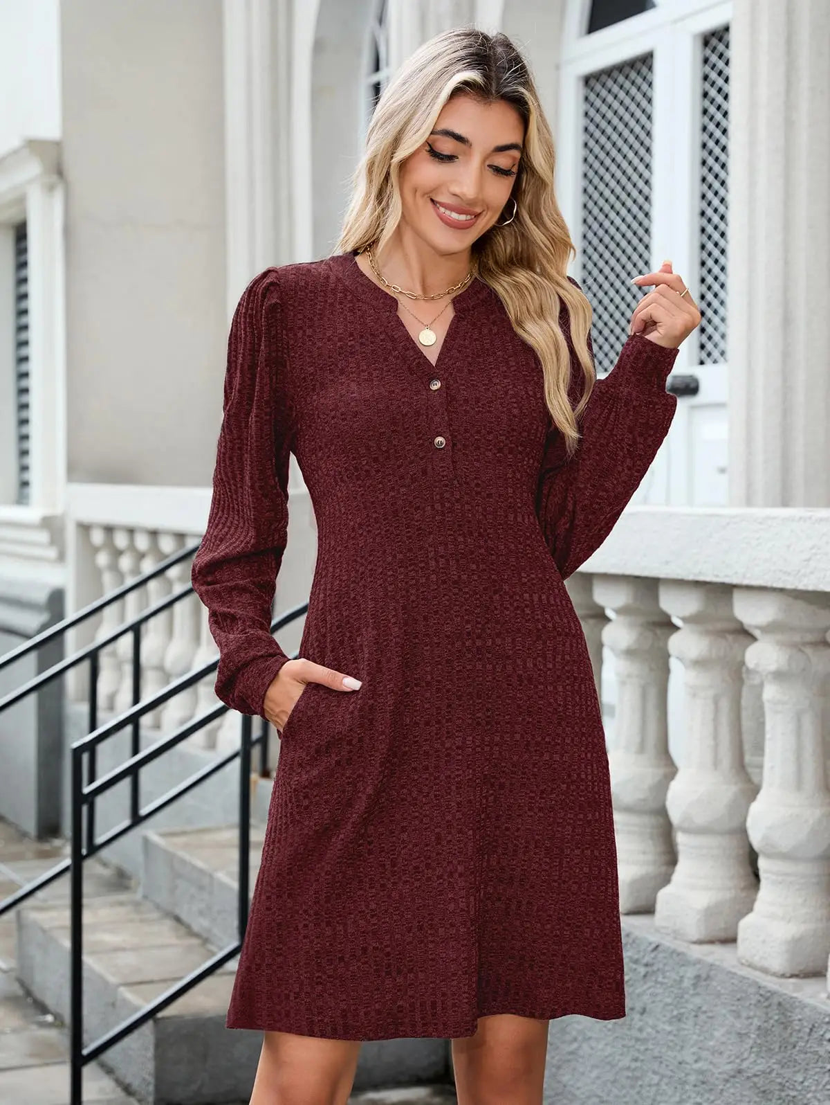 ZAFUL Women’s Long Sleeve V-Neck Knit Dress