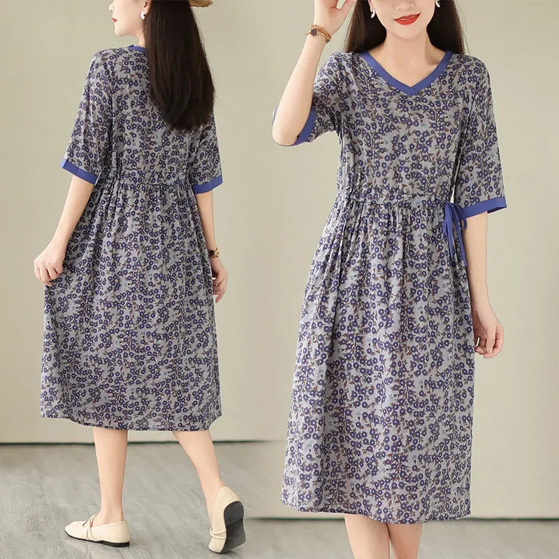 Summer Korean-Style Floral Belted V-Neck Dress