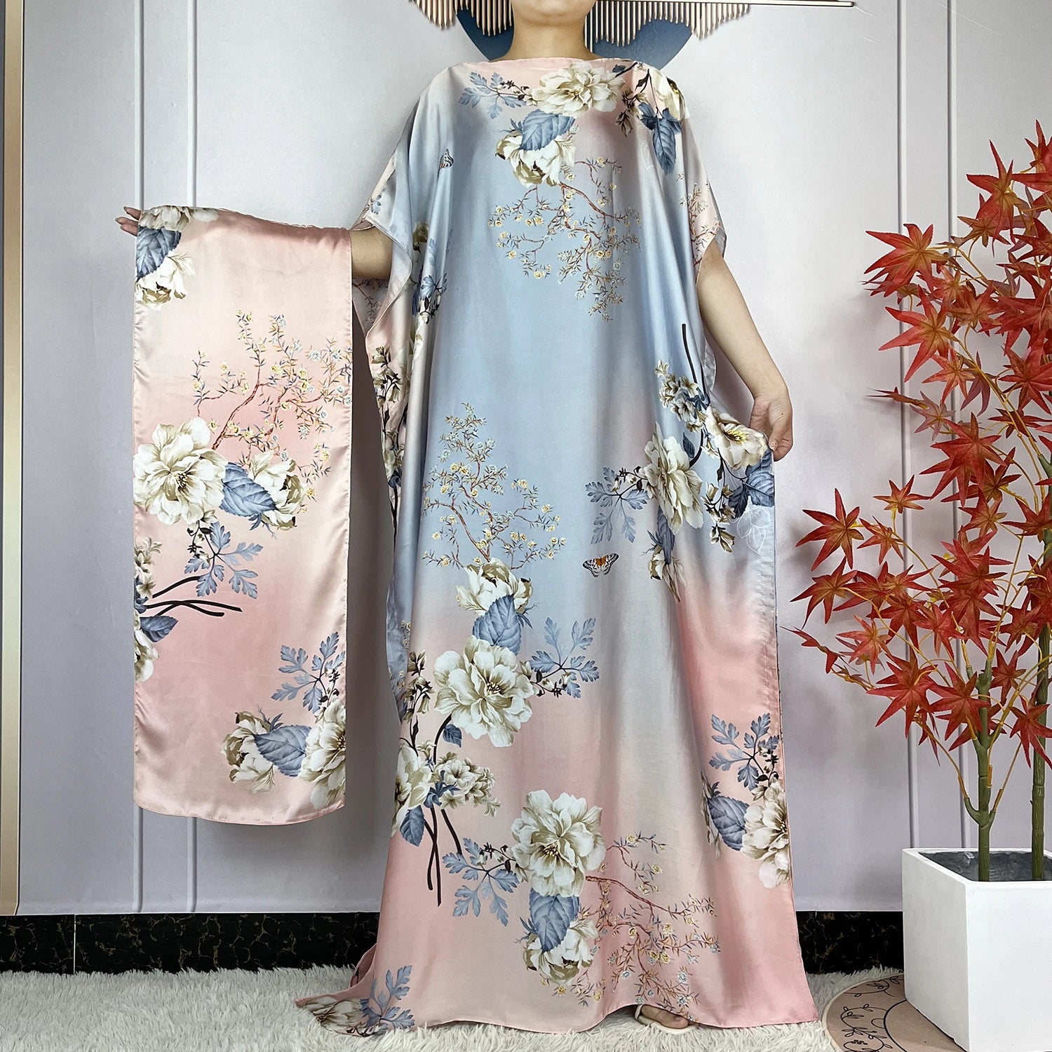 Dubai Printed Silk Maxi Dress with Turban – Loose Casual Islamic Fashion for Women