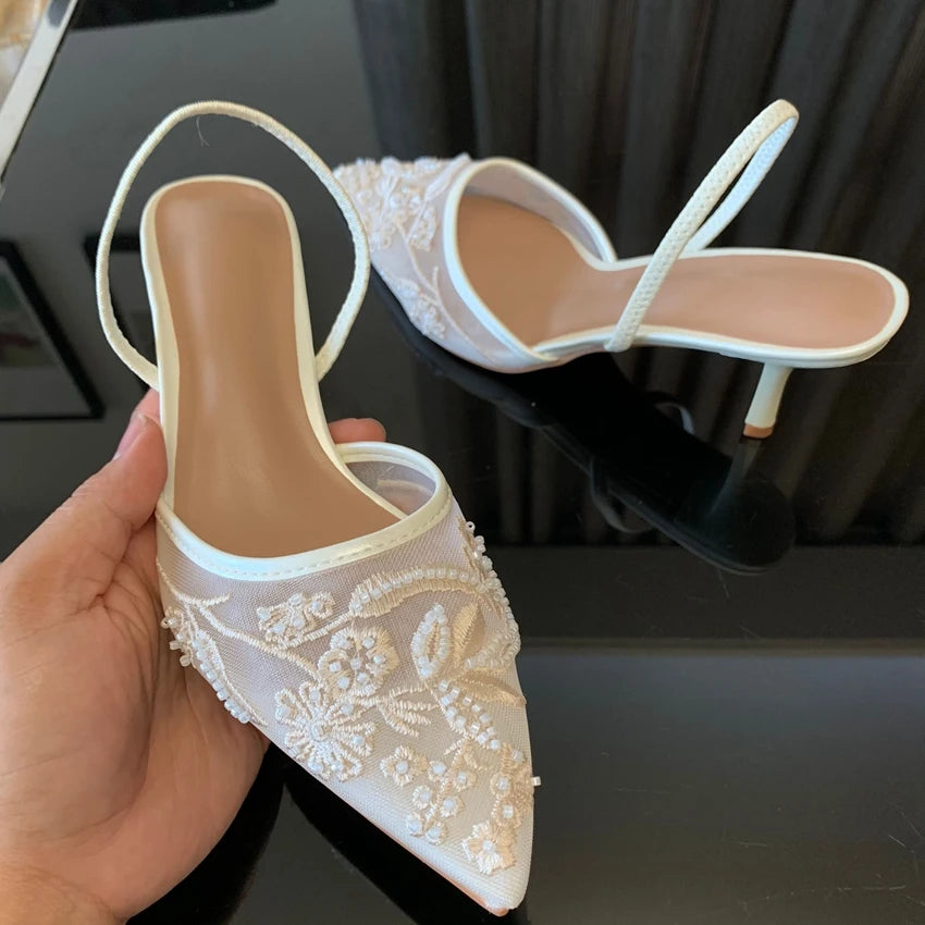 Designer White Mesh Floral Slingback High Heels – Women’s Wedding Pumps