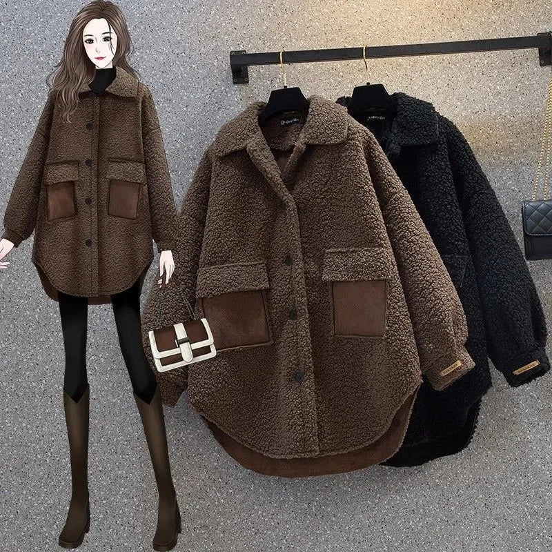 Veste Femme Grande Taille – Fourrure d’Agneau Épaissie, Style Hong Kong Chic, Slim, Automne/Hiver, Tendance Urbaine