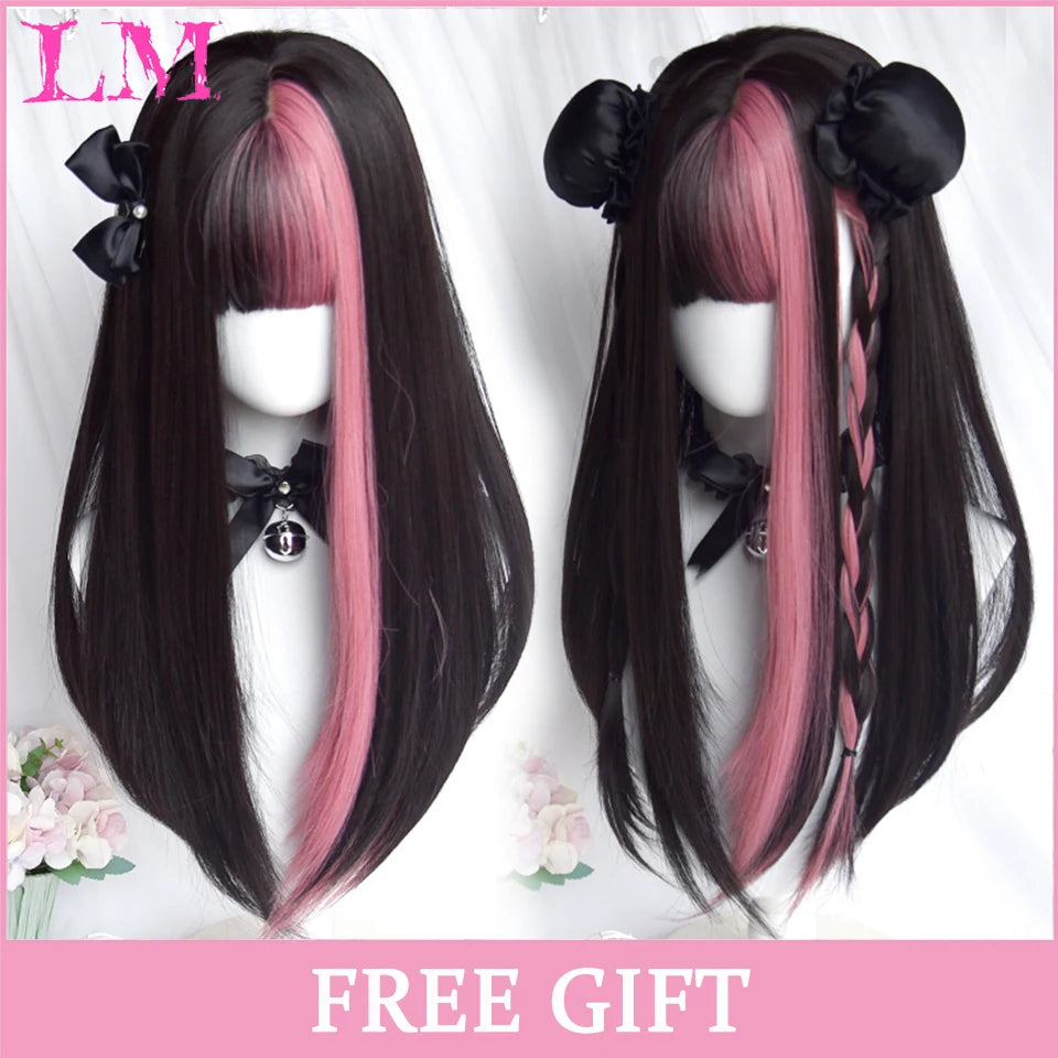 LM Cosplay Wig – 24" Long, Straight Pink, Bangs, Heat-Resistant