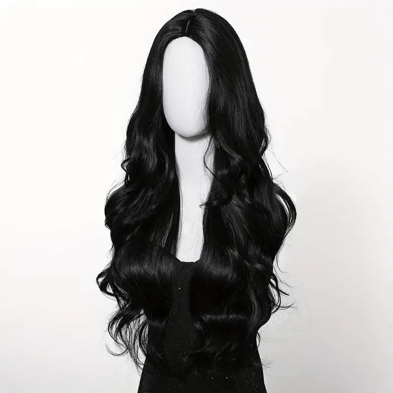 Black Synthetic Wig – Long Wavy, Middle Part, Heat-Resistant, Party & Daily Use