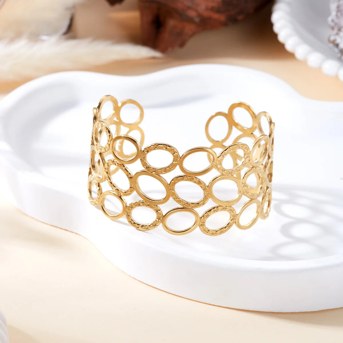 Simple Stainless Steel Hollow Oval Cuff Bracelet