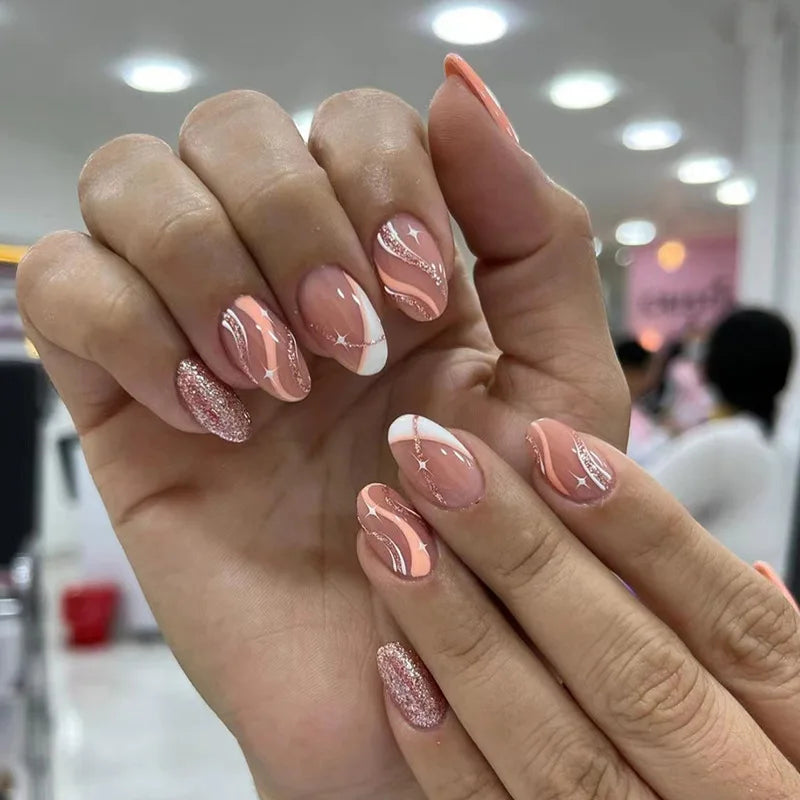 Medium Acrylic Almond Fake Nails – Removable Press-On, French Style, Europe/USA Design