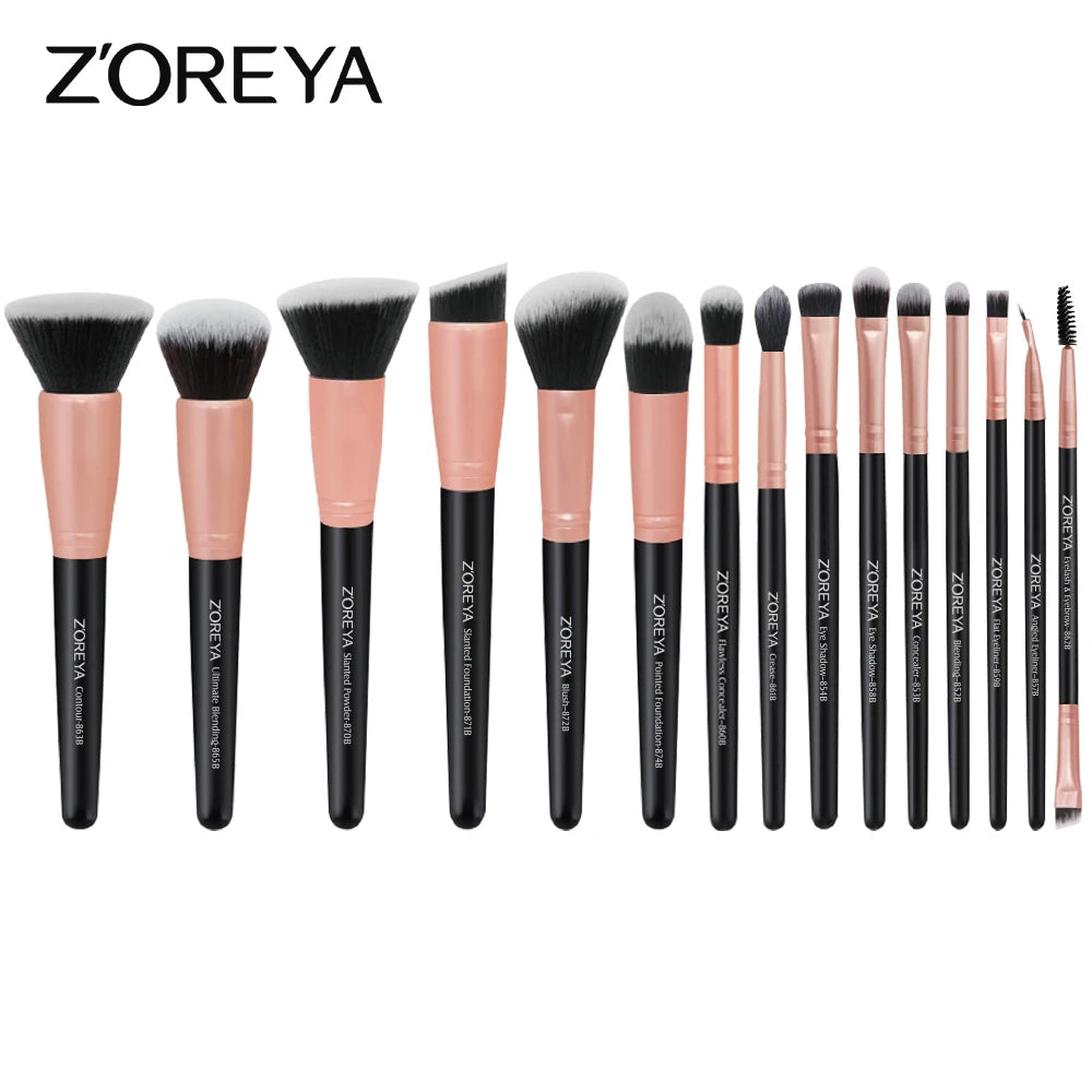 ZOREYA 15PCS Makeup Brush Set – Eyeshadow, Foundation, Contour, Lip, Premium Synthetic Kabuki