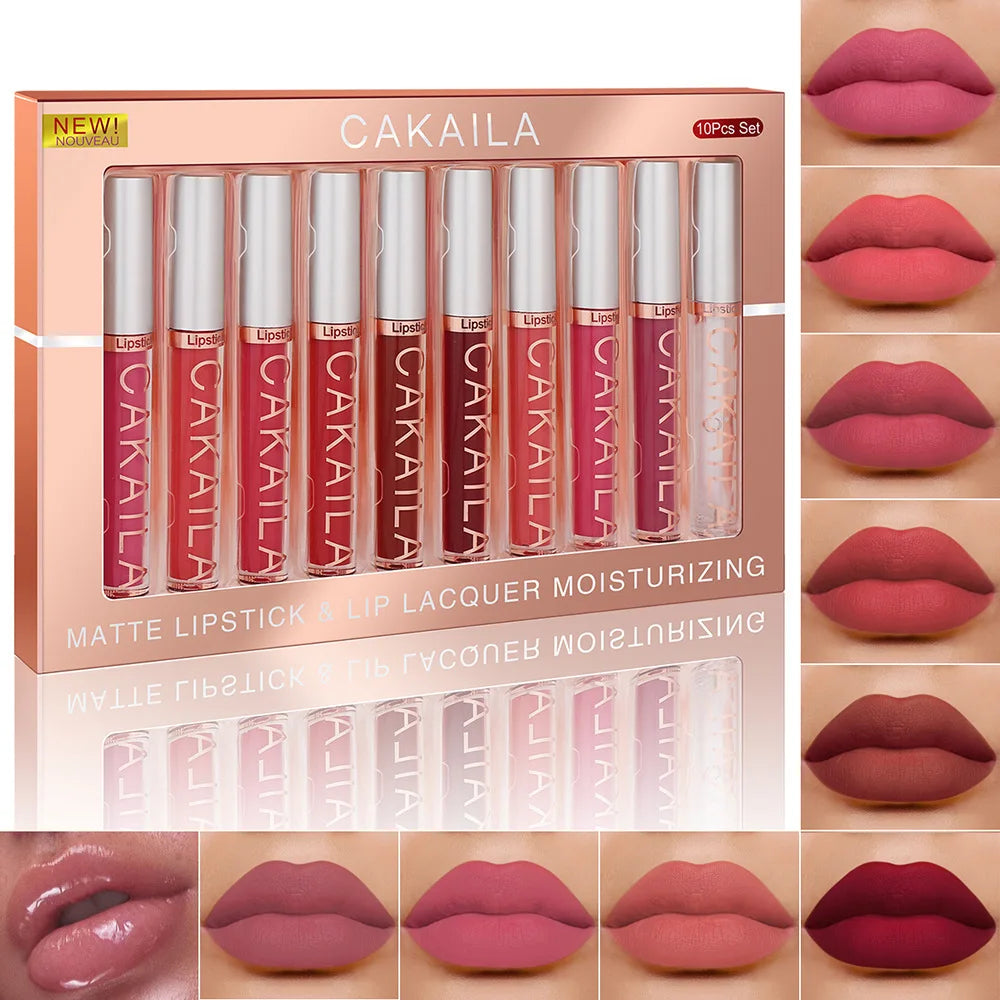 CAKAILA 10PCS Nude Lip Gloss Set – Matte, Velvet, Waterproof, Long-Lasting