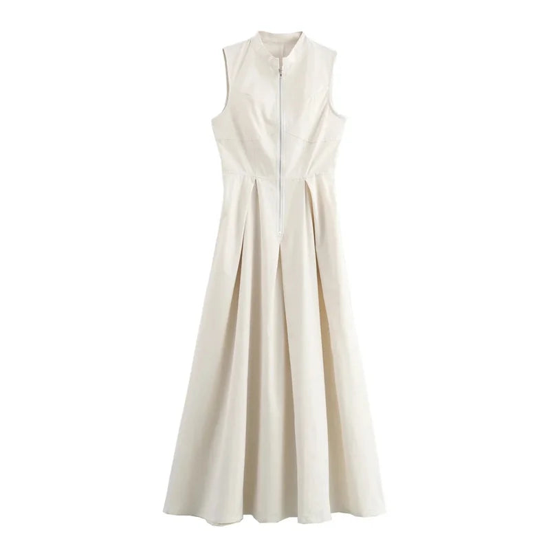 MUJER  Women’s Elegant Pleated Bodycon Midi Dress – Sleeveless Zipper Party Dress