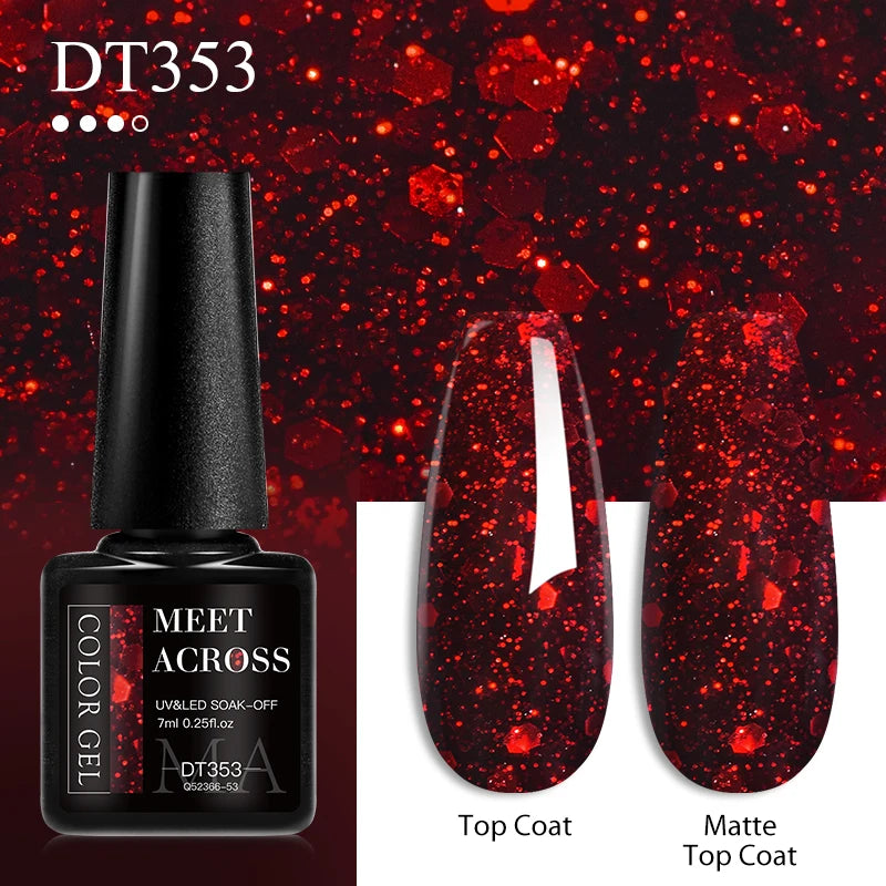 MEET ACROSS 7ml Red Gel Nail Polish – Crystal, Semi-Permanent, UV Soak-Off, Matte Top/Base Coat