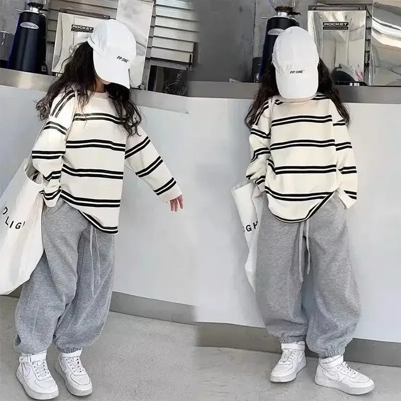 Korea Style Kids Outfit 2025 – 2-Piece, Long Sleeve Striped Top & Loose Pants, Girls 6–14Y