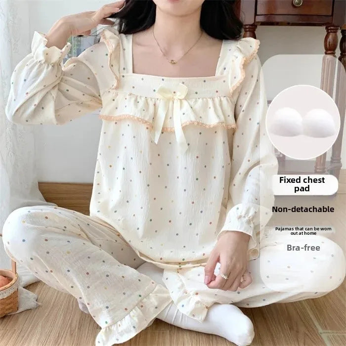 Cloud Cotton Women's Sleepwear Set – Long Sleeve Top & Pants with Chest Pad and Lace Detail