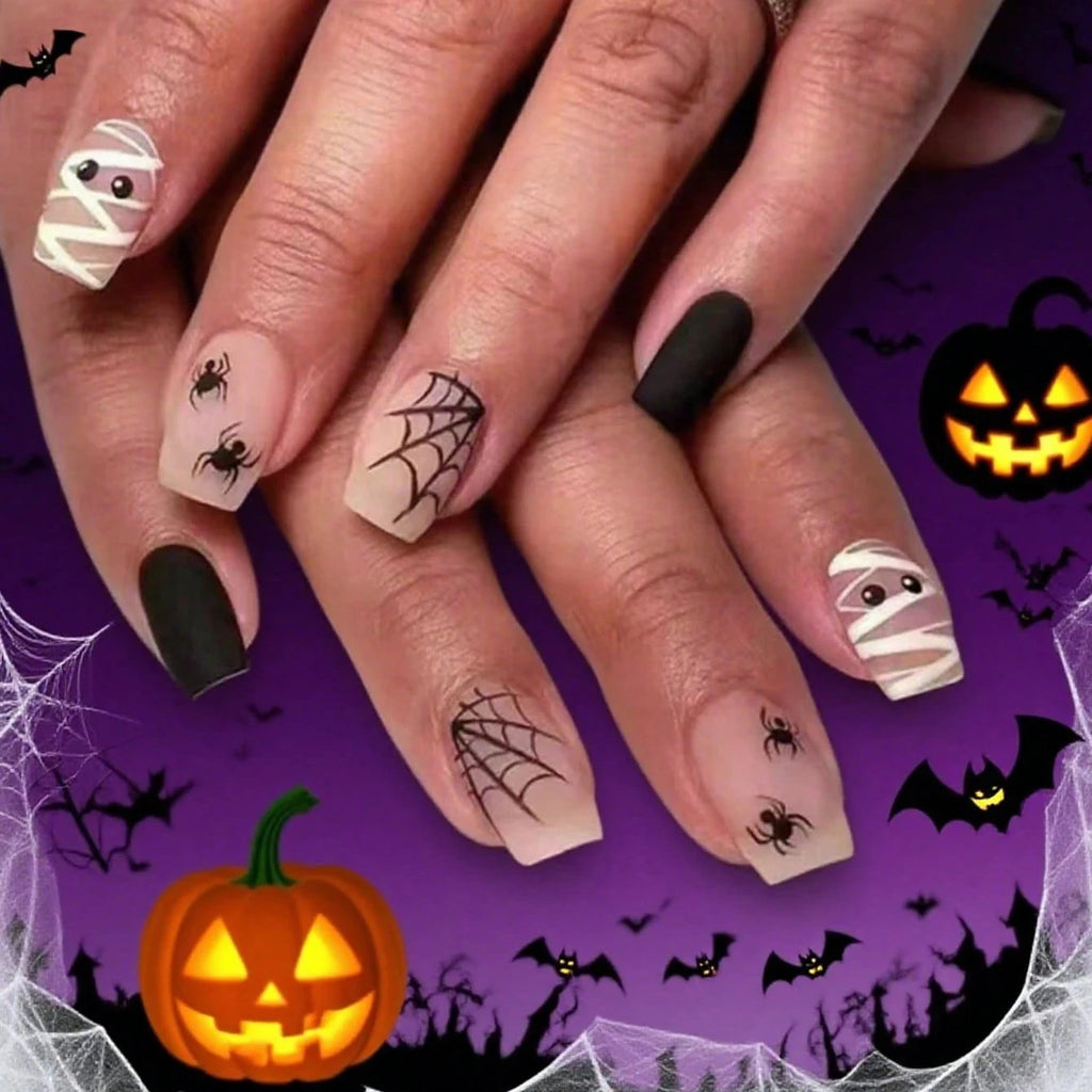 24PCS Halloween Mummy Fake Nails – Short Square, Full Coverage, Cute Press-On