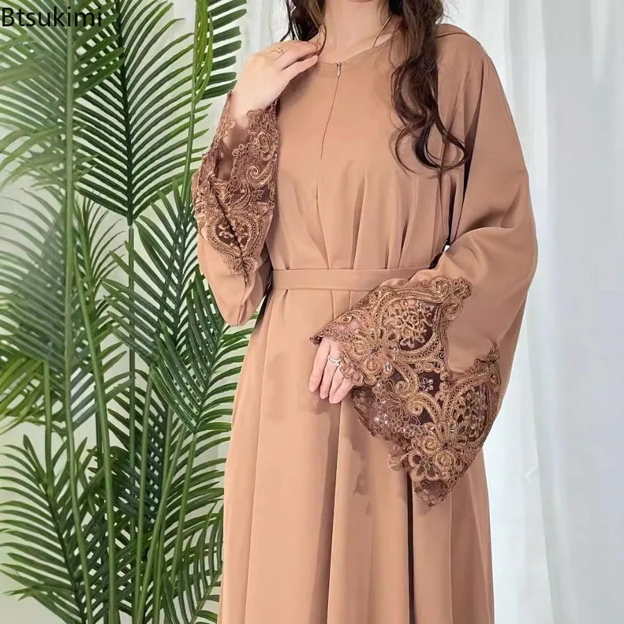 Plus Size Dubai Abaya – Lace Floral Long Sleeve Kaftan Dress for Muslim Women