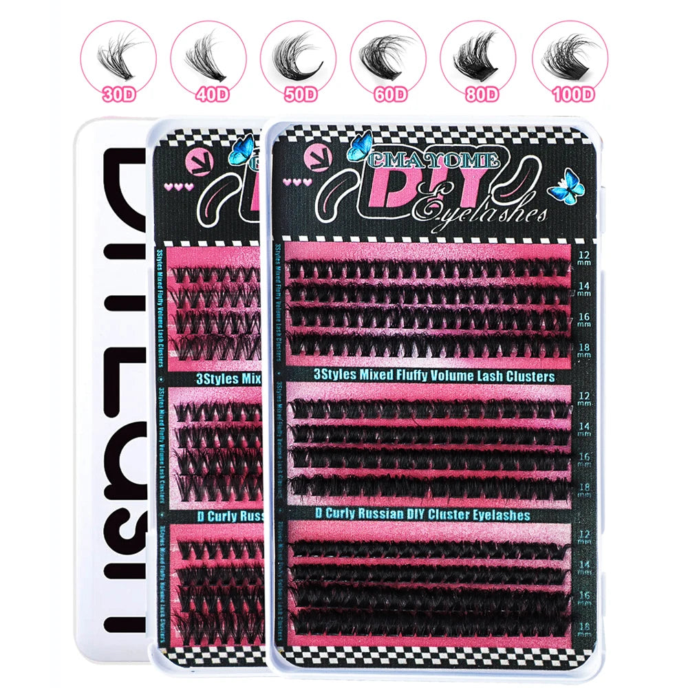 600PCS Eyelash Extensions – Thick Fluffy, 30D/100D, Mixed Length, DIY Cluster Lashes