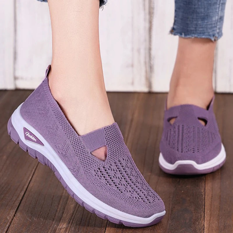 Women's Mesh Slip-On Sneakers – Lightweight Vulcanized Flats, Plus Size 42