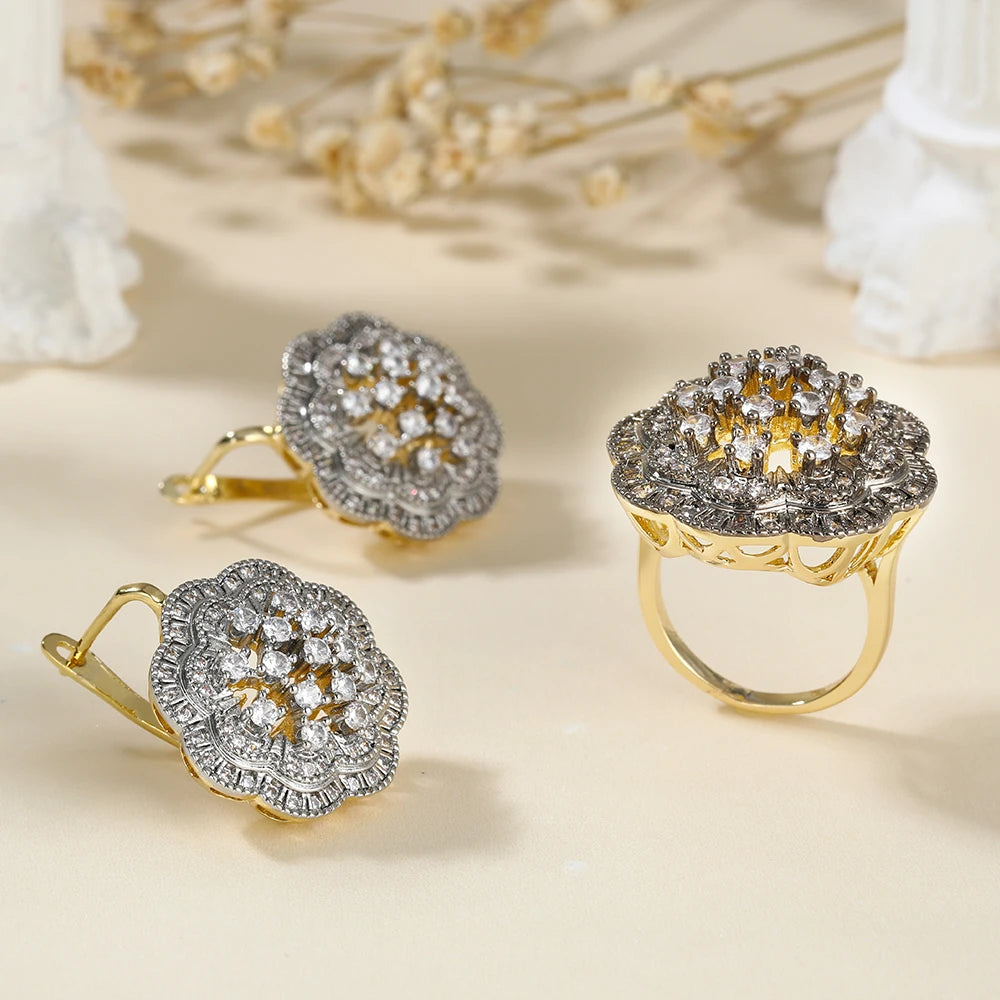 Large Two-Color Hollow Flower Earrings – 14K Gold Plated