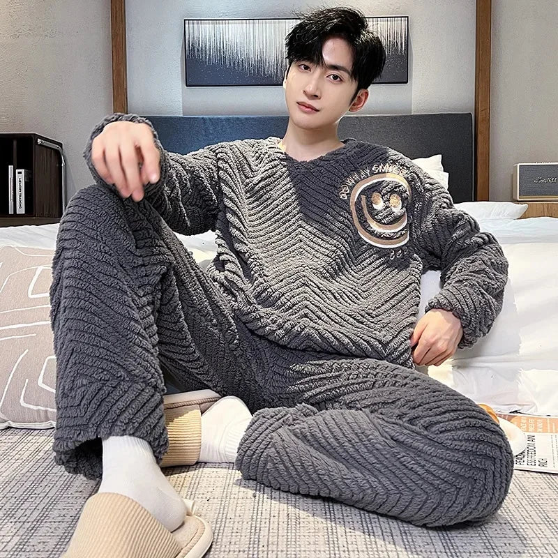 Men's Coral Fleece Pajamas – Thickened, Warm, Two-Piece, Autumn/Winter