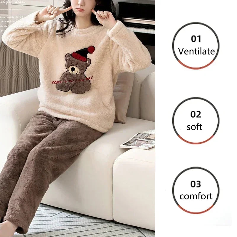Women’s Flannel Cartoon Bear Loungewear – Long Sleeve & Trouser Two-Piece Set