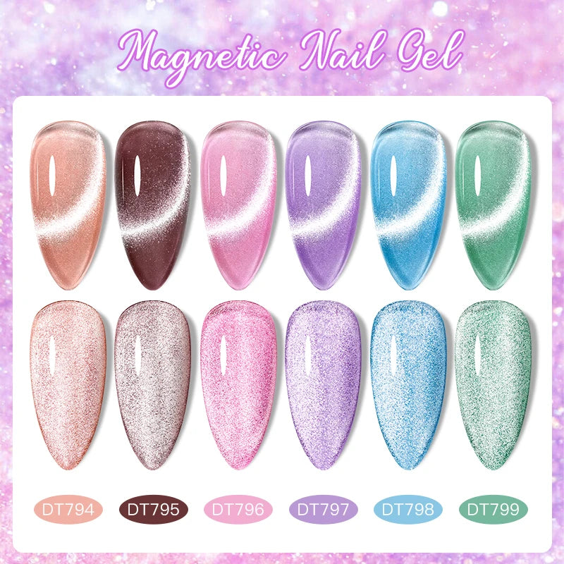 MEET ACROSS 7PCS Cat Magnetic Gel Nail Kit – Semi-Transparent Blue, Sparkling, UV Soak-Off