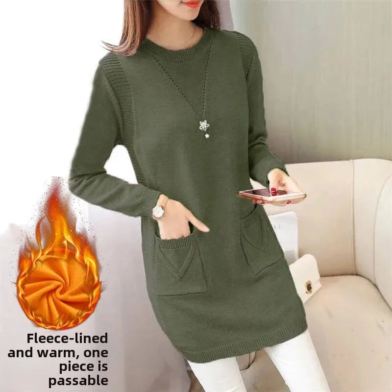 Pull Femme Tricot Mi-Long – Coupe Ample, Doublé Polaire, Style Coréen